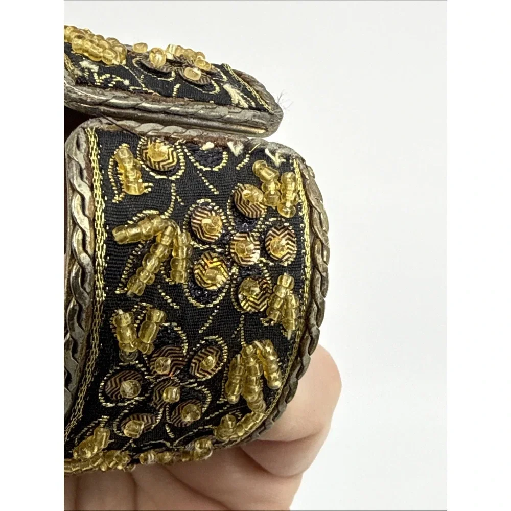 Vtg Ottoman Style Hinged Clamper Bracelet Tribal Ethnic Beaded Fabric Silver Ton